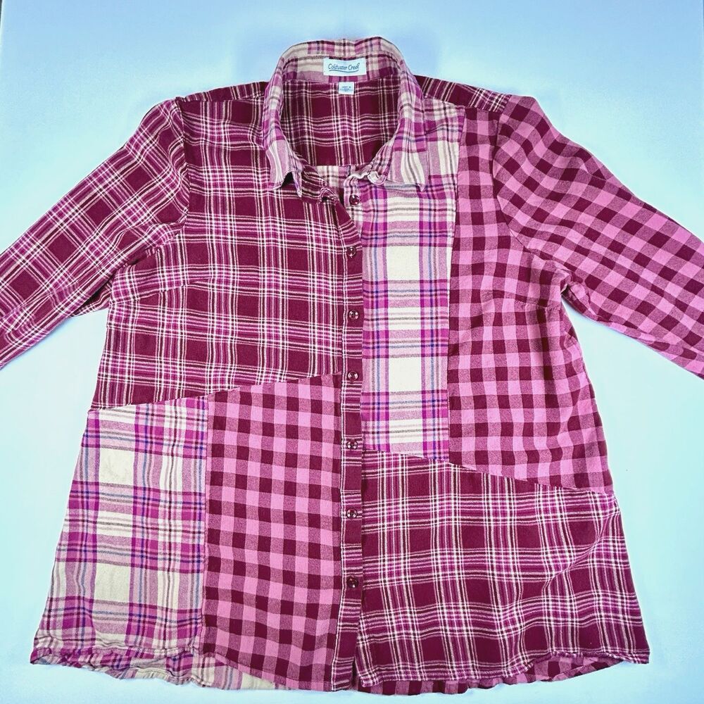 Coldwater Creek Into the Mix Plaid Flannel Shirt Womens XL Pink Maroon Patchwork